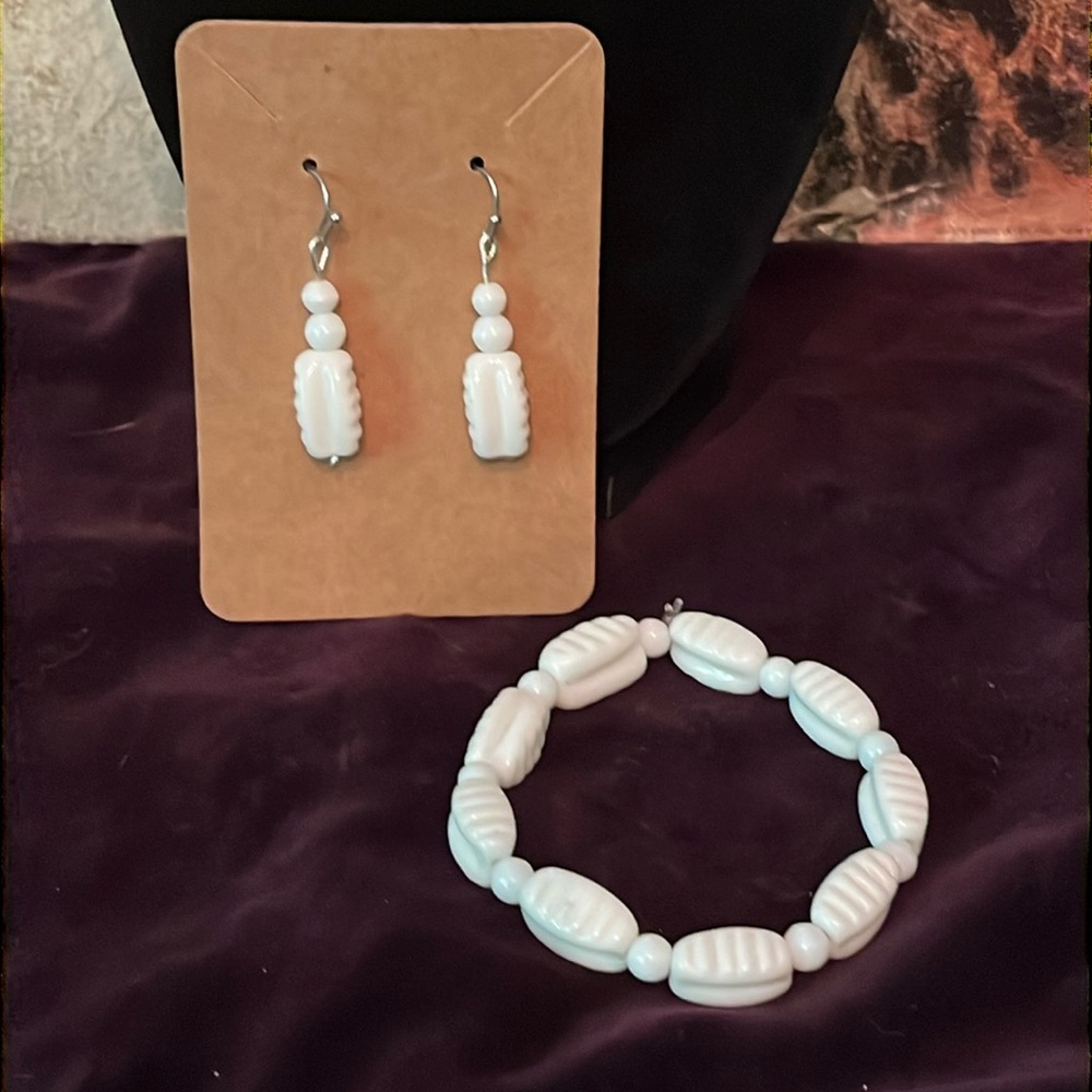 Handmade Up cycled Crystal Bracelet Earring Set Vintage Milk Glass